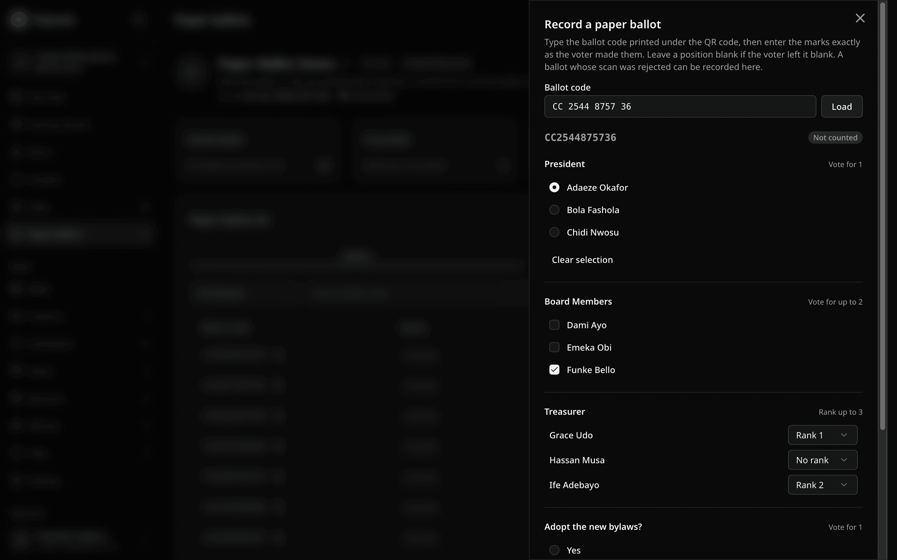 Record a paper ballot sheet with ballot CC2544875736 loaded and selections filled in