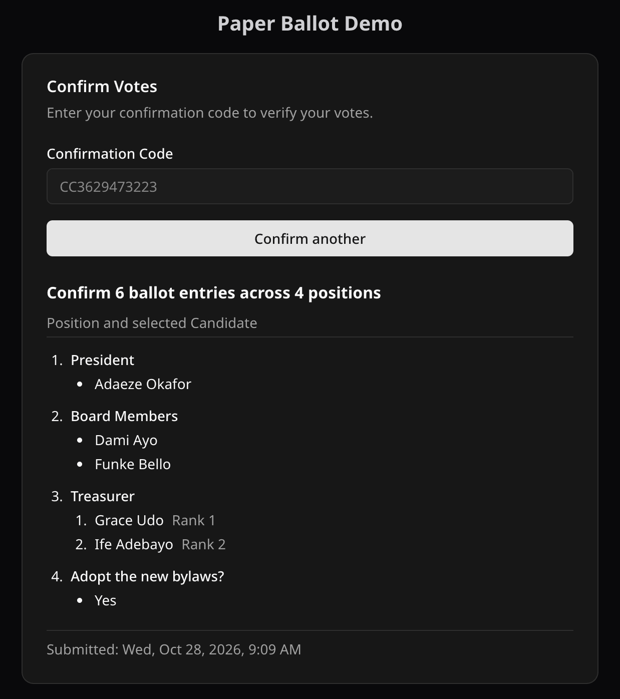 Confirm Votes page showing the choices counted for ballot CC3629473223