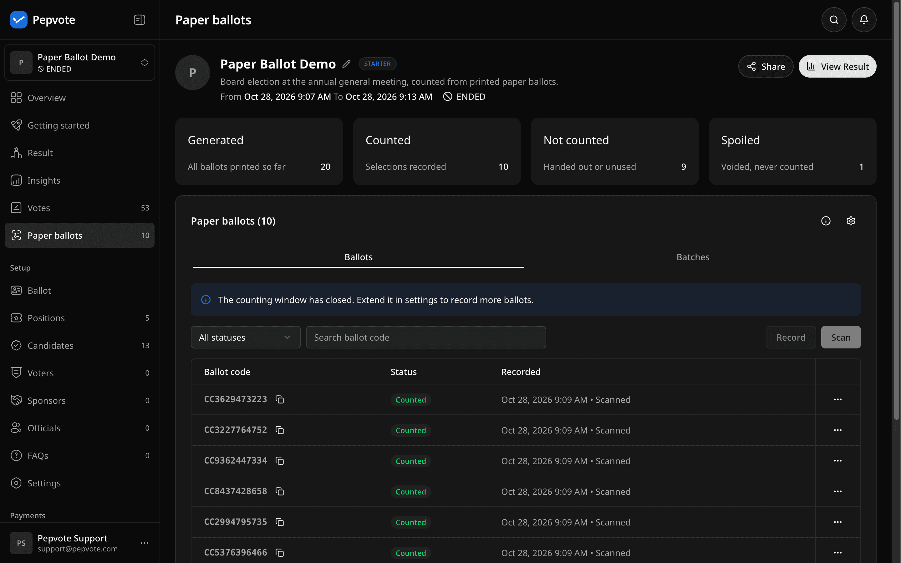 Paper ballots page after the counting window closed, with Record and Scan turned off