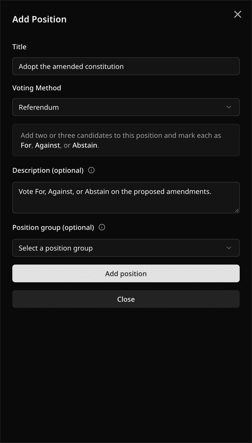 Add Position sheet with the Referendum voting method