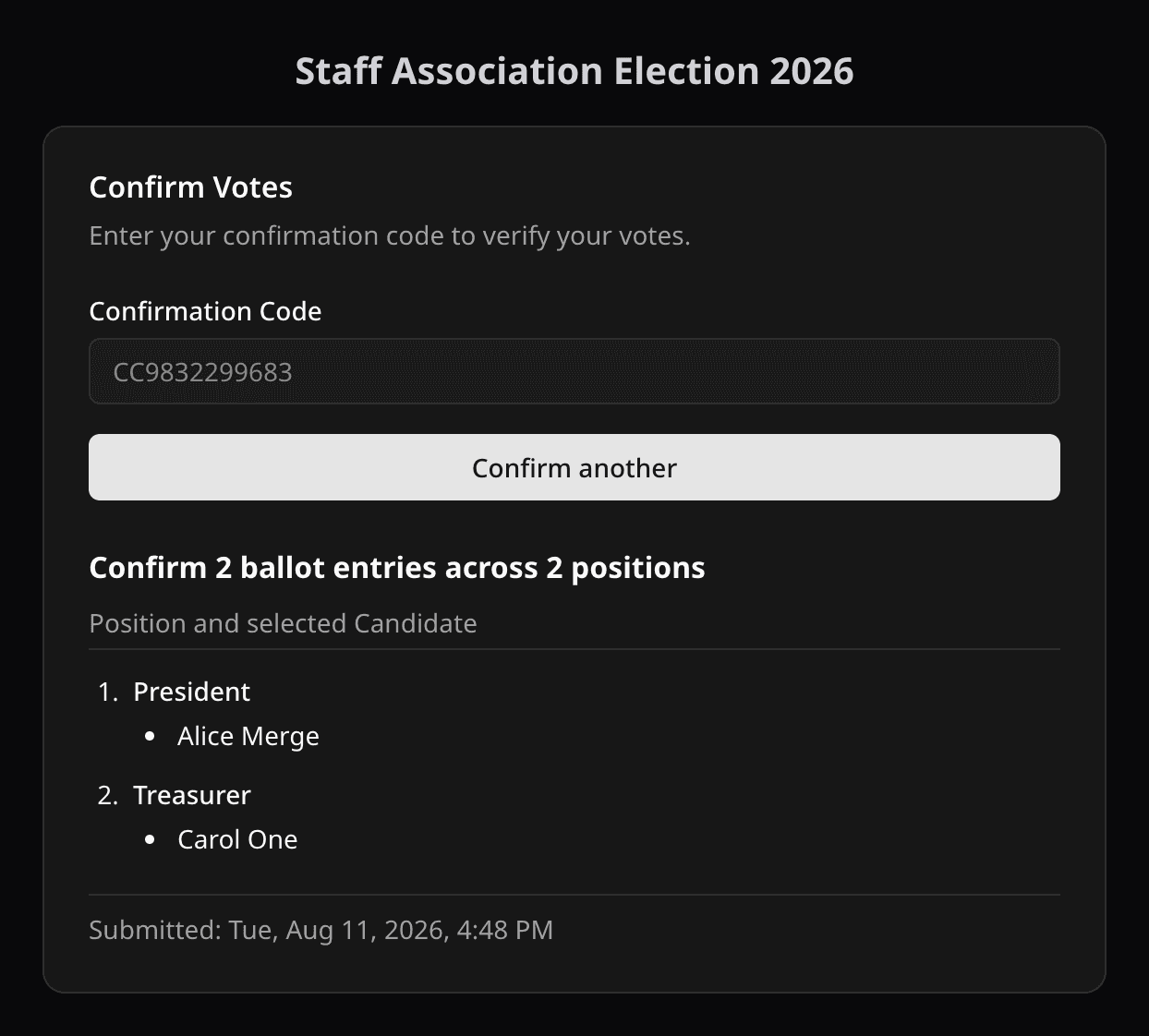 Confirm Votes page showing the positions and candidates recorded for a confirmation code