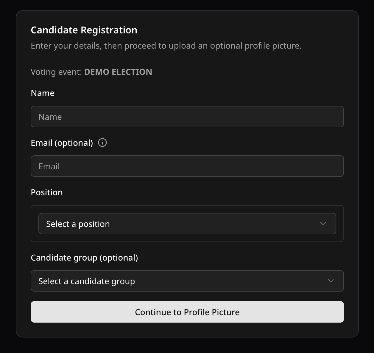 Candidate registration form