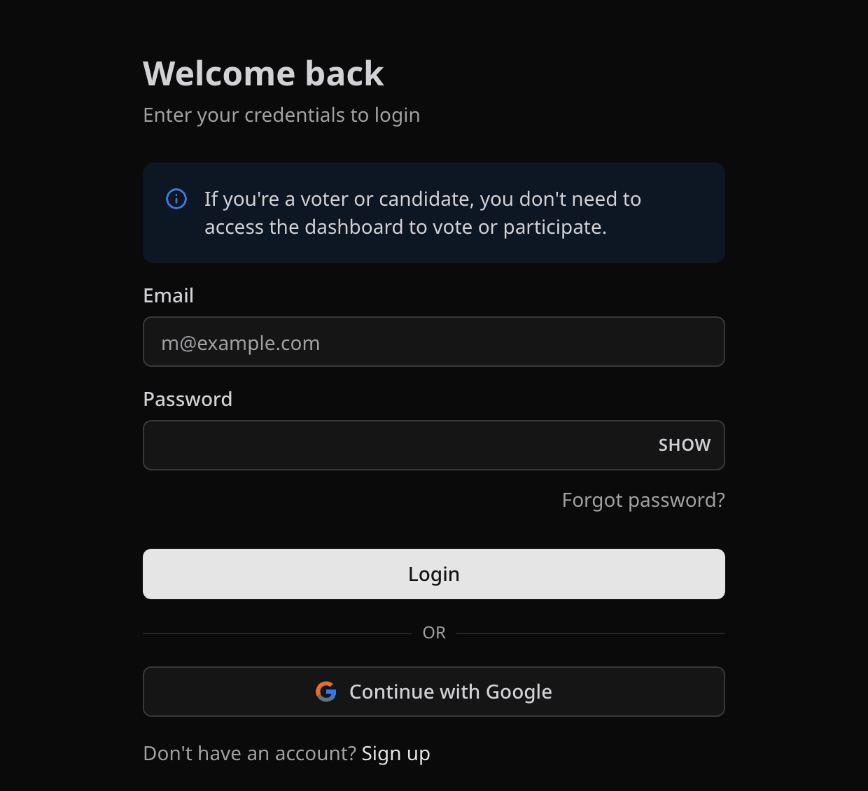 Login page with the Continue with Google button