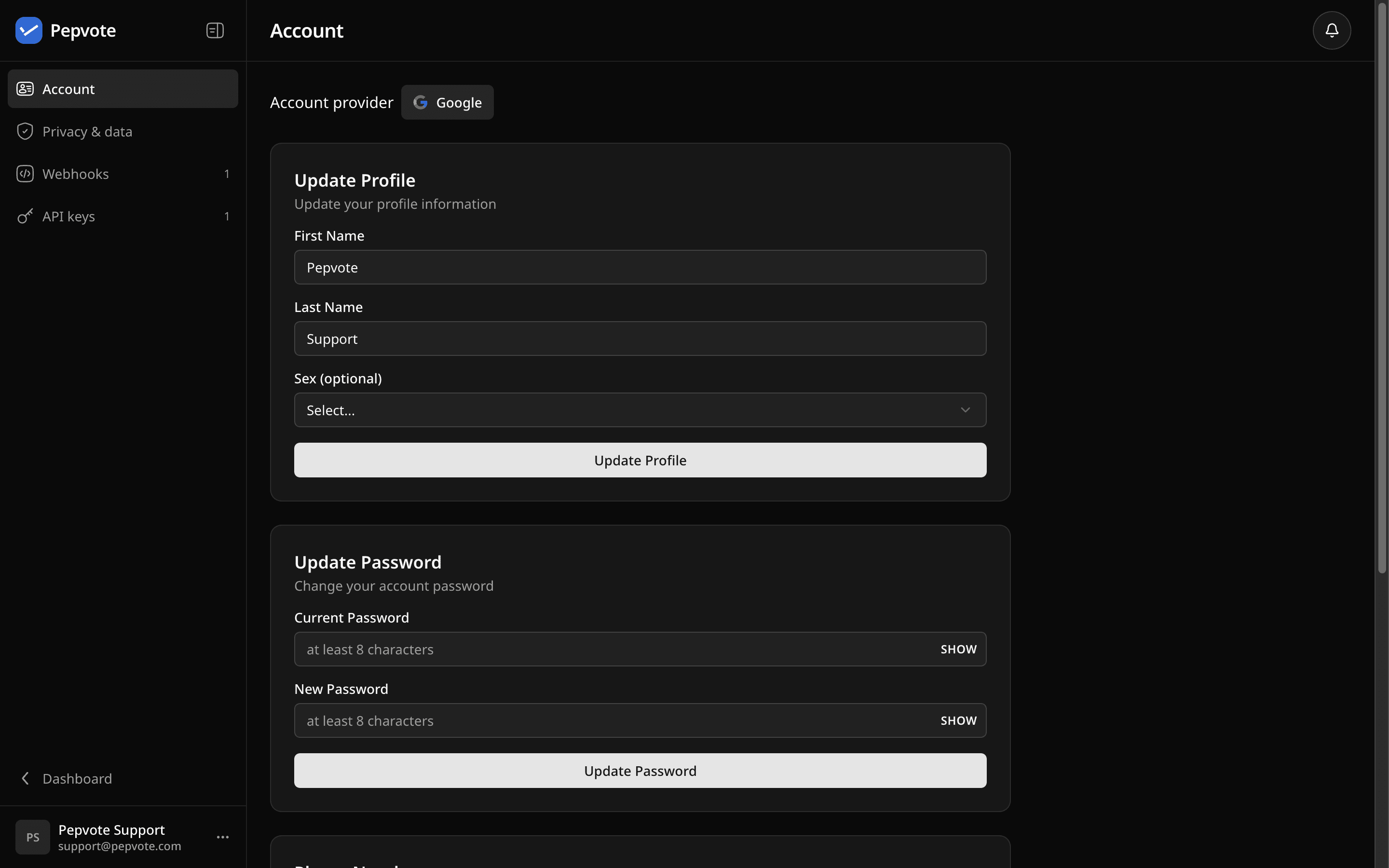Profile Account page with Update Profile, Update Password, and Phone Number sections