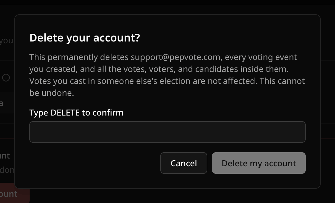 Delete your account dialog asking you to type DELETE to confirm