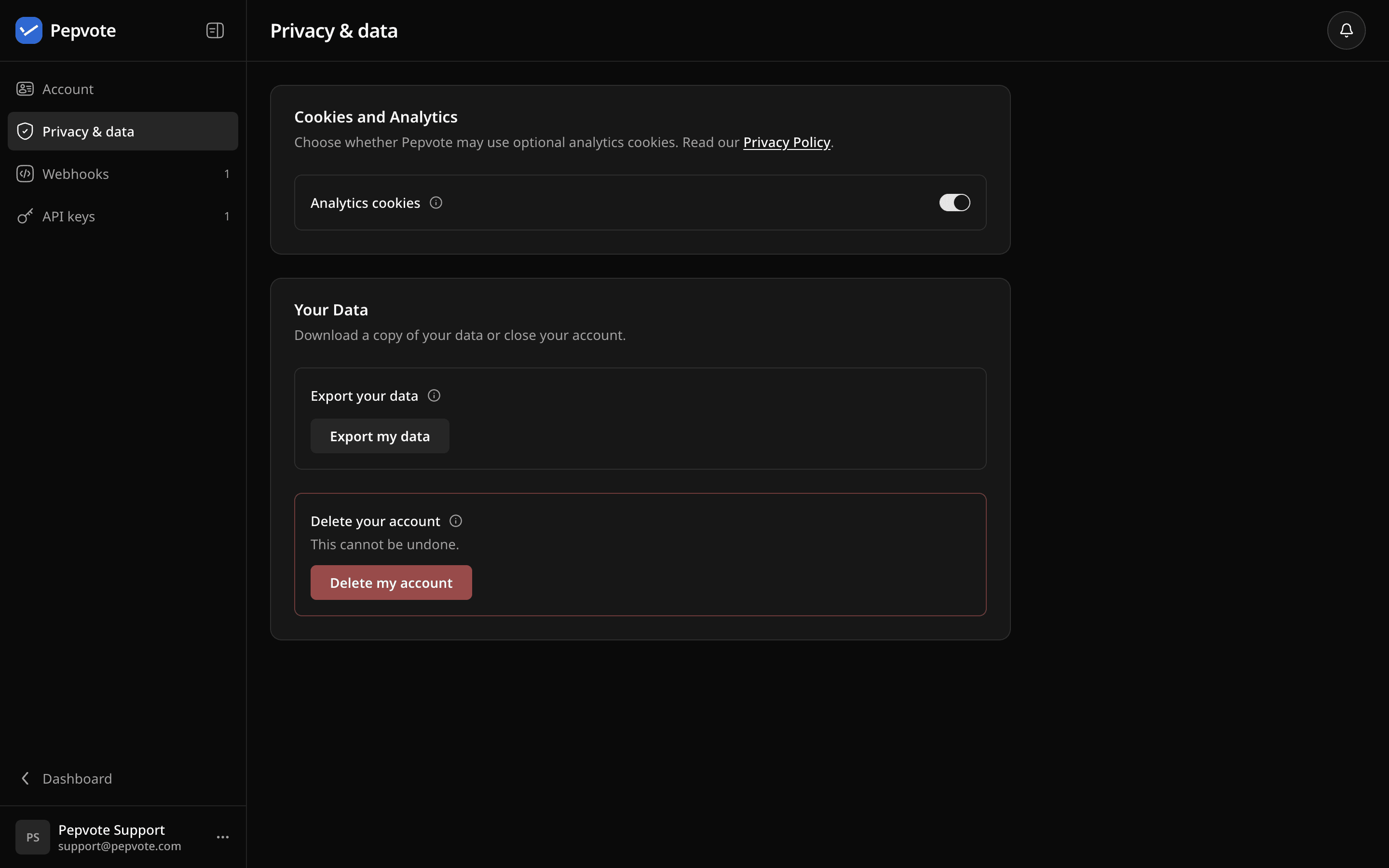Privacy and data page with the Analytics cookies switch
