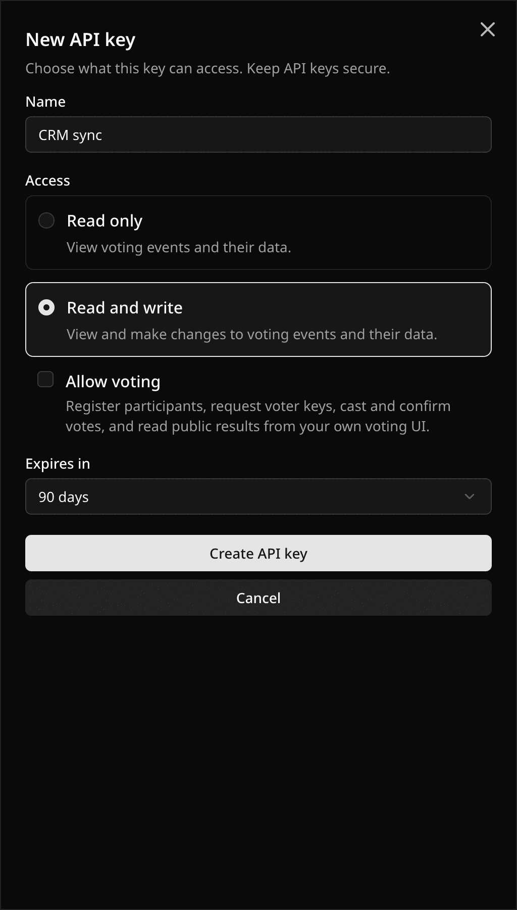 New API key sheet with name, access level, voting scope, and expiry