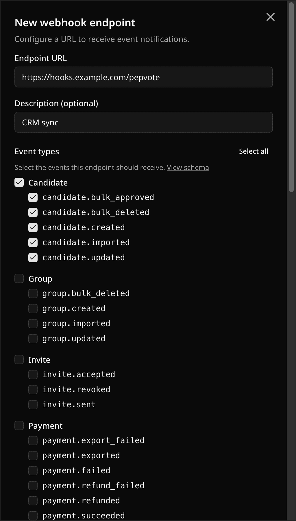 New webhook endpoint sheet with the endpoint URL, description, and event types