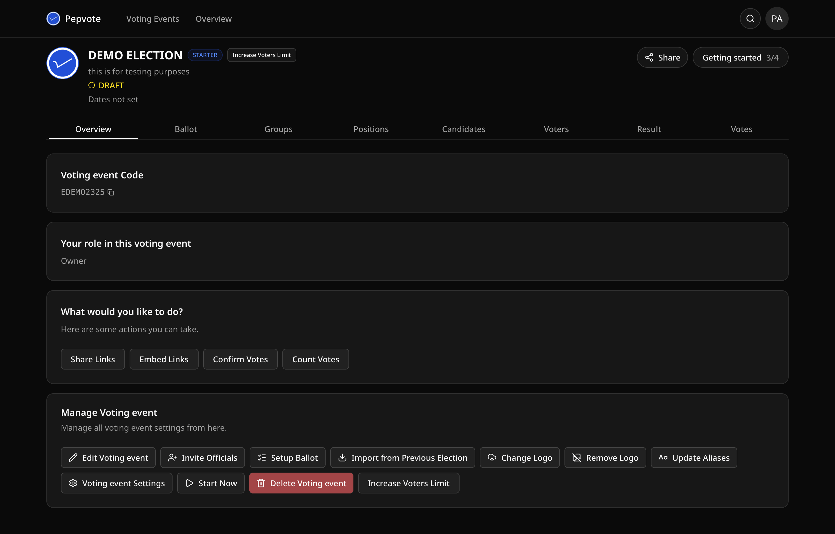 Voting event setup dashboard