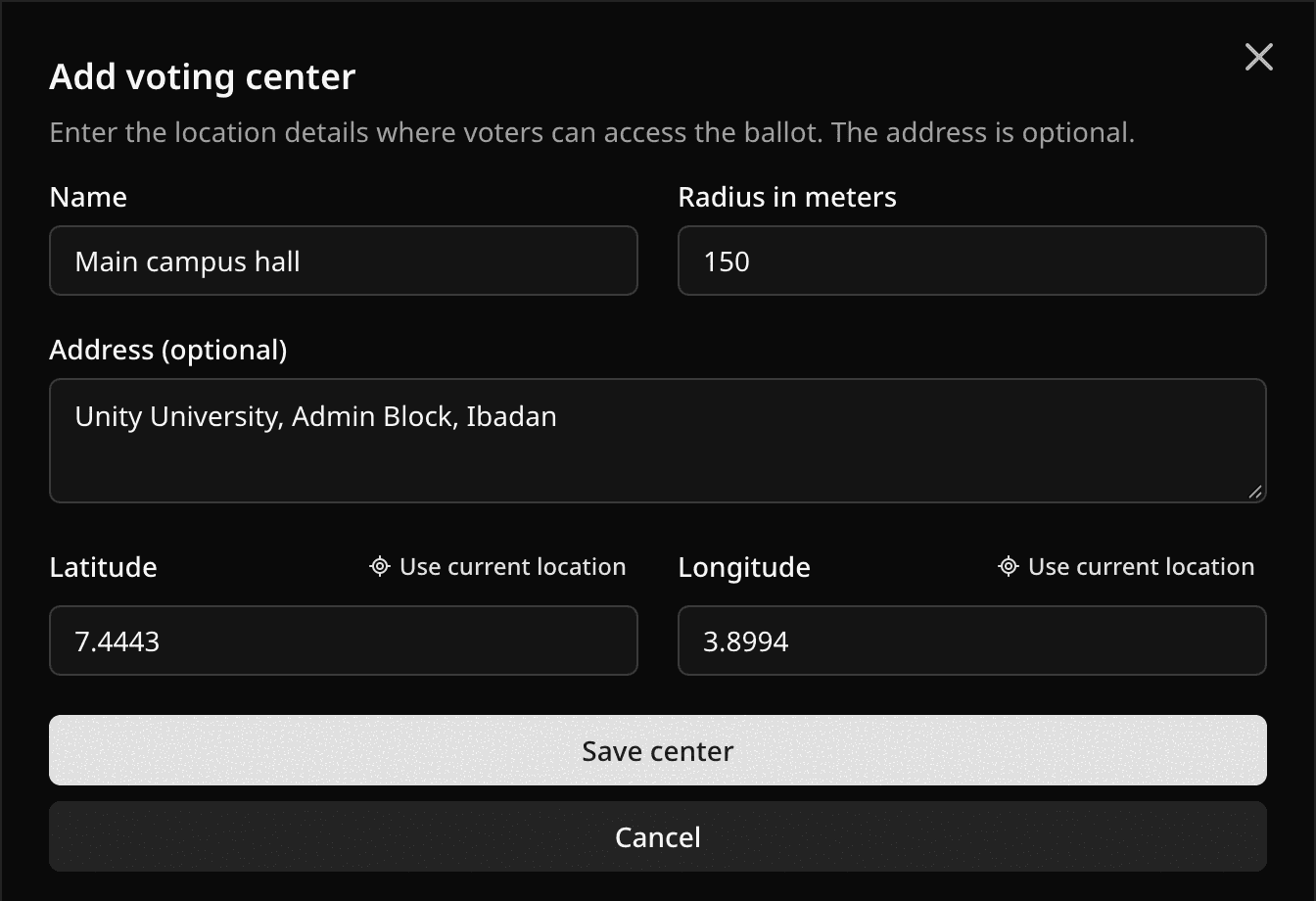 Add voting center sheet with name, radius, address, latitude, and longitude