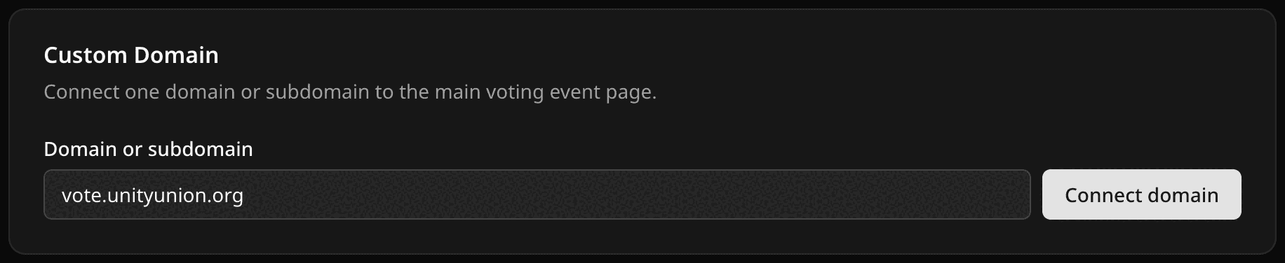 Custom Domain card with a subdomain entered and the Connect domain button