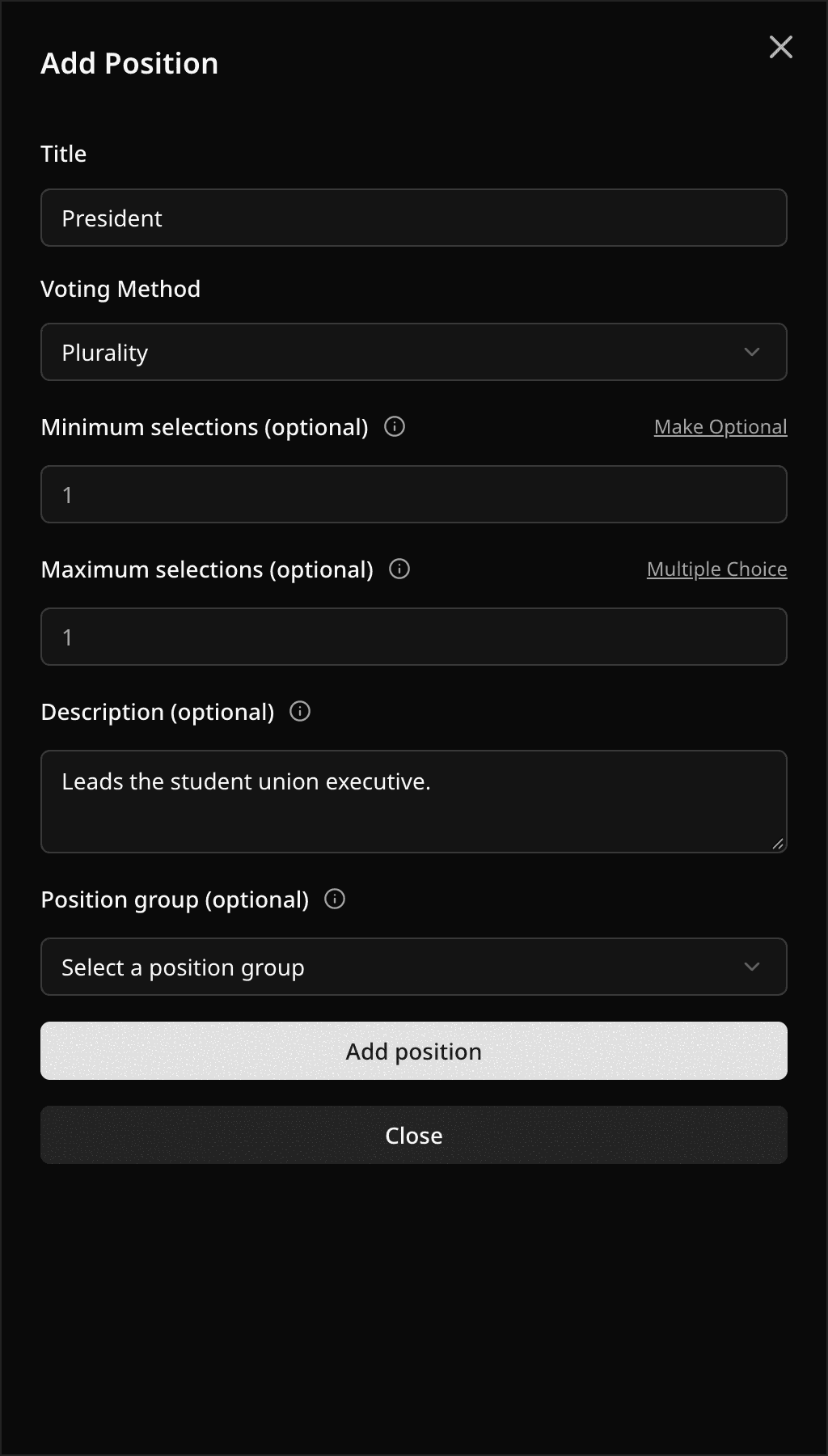 Add Position sheet with title, voting method, and selection limits