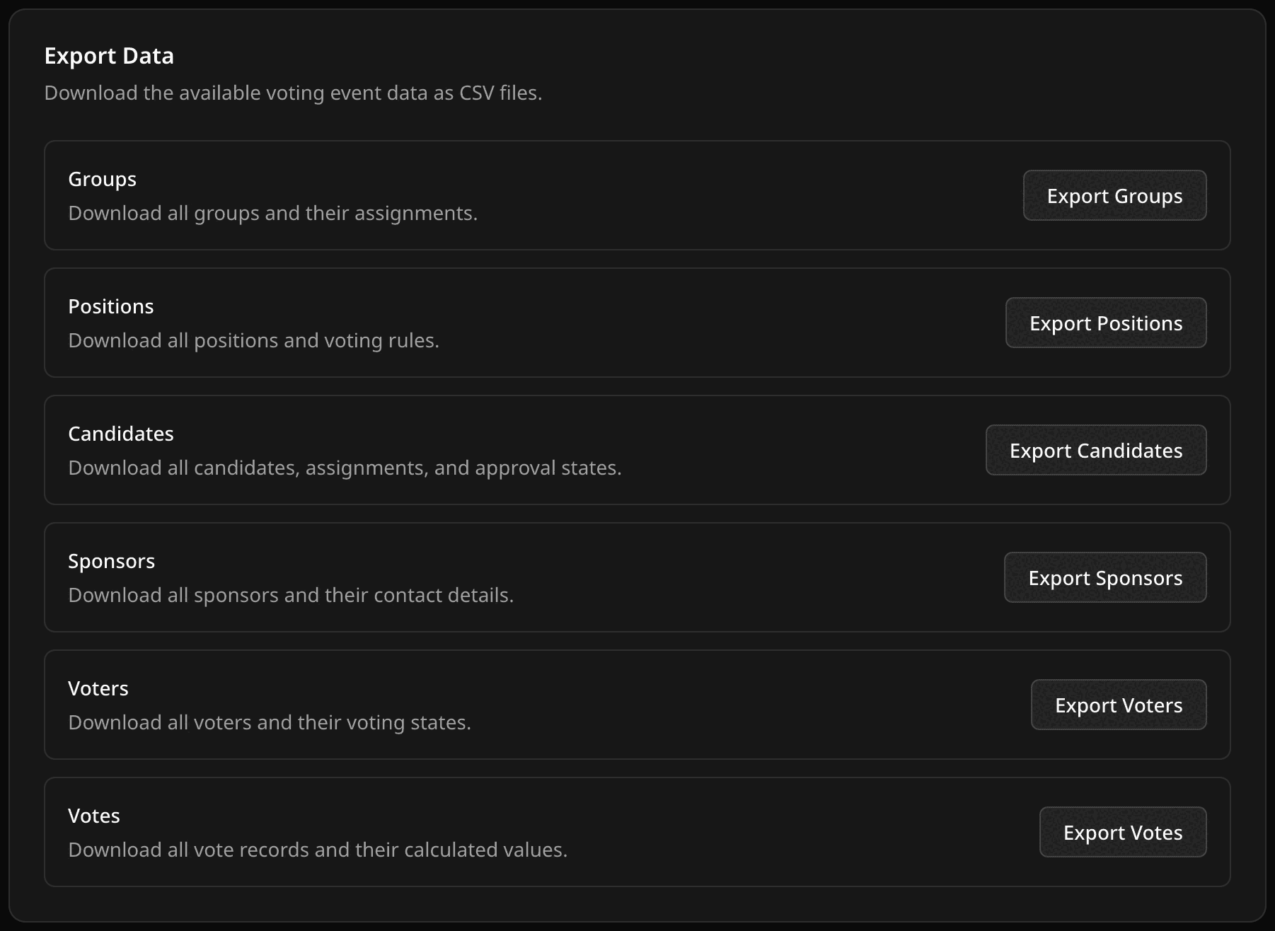 Export Data card with an export button for each data type