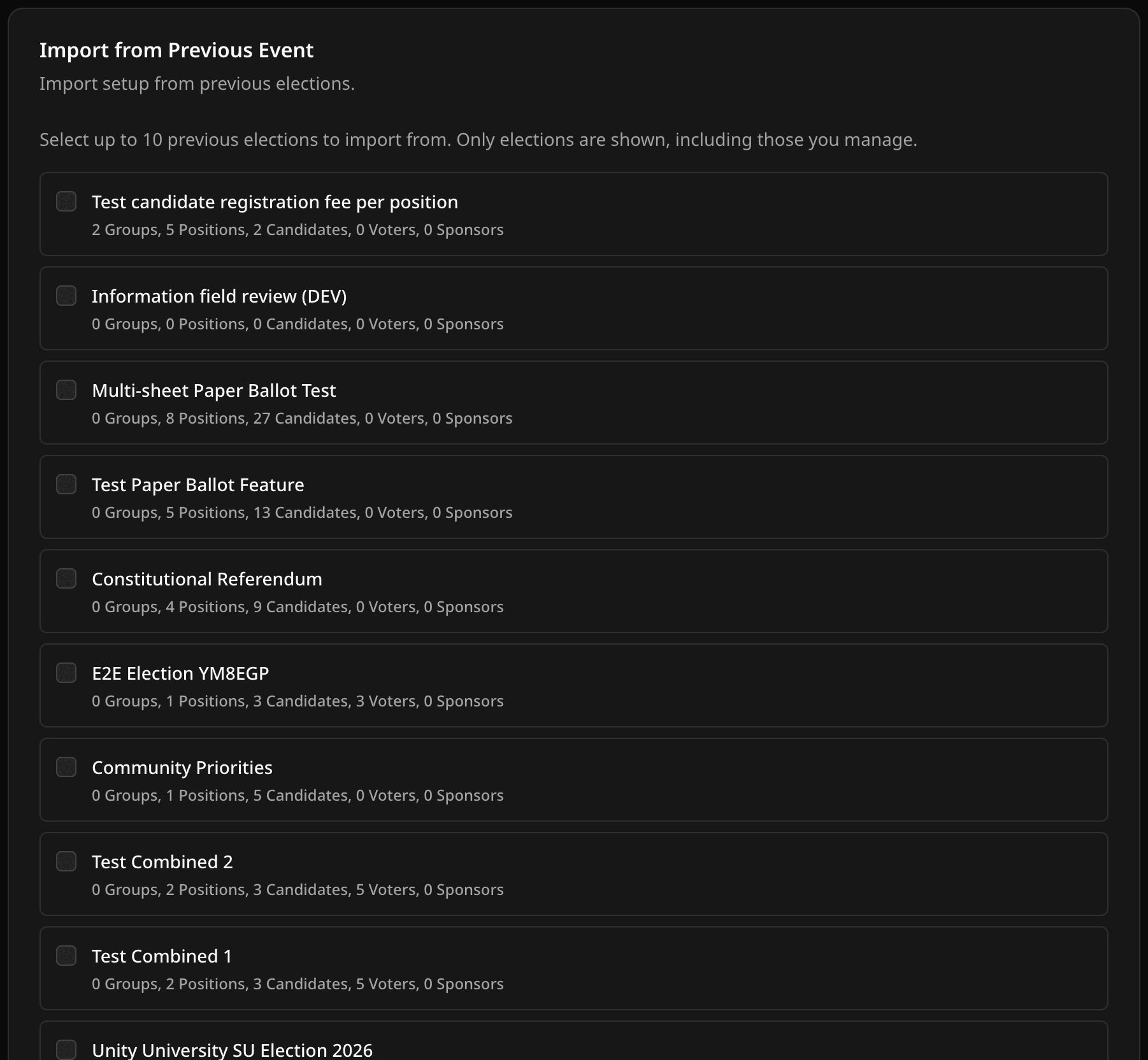 Import from Previous Event card listing source events and their record counts
