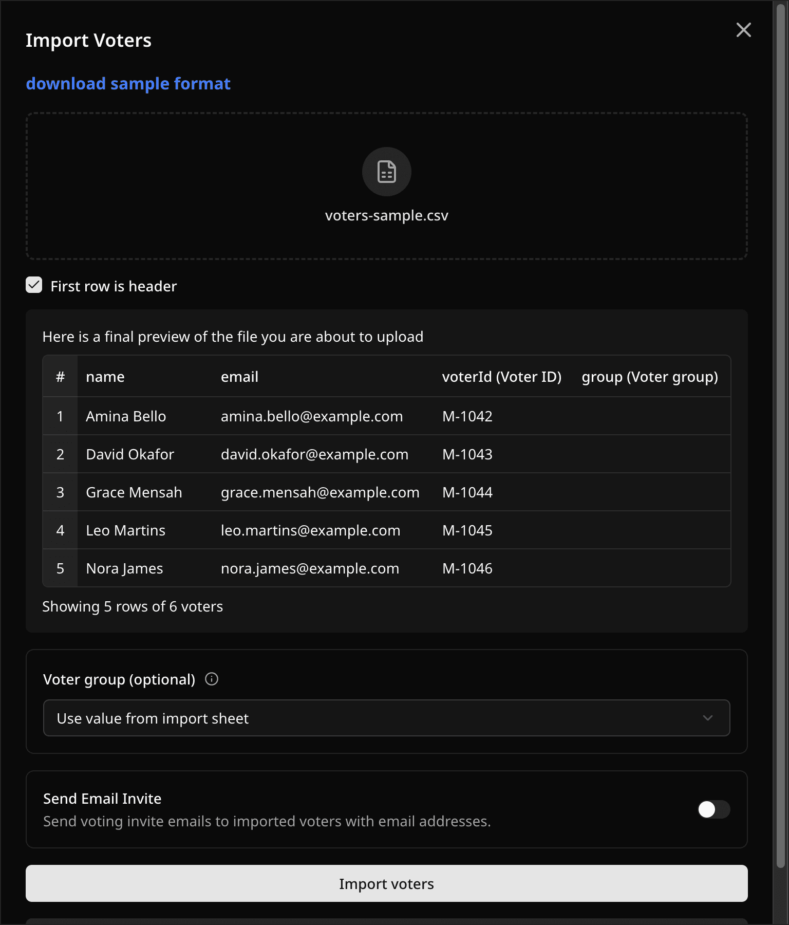 Import Voters sheet with a file preview and mapped columns