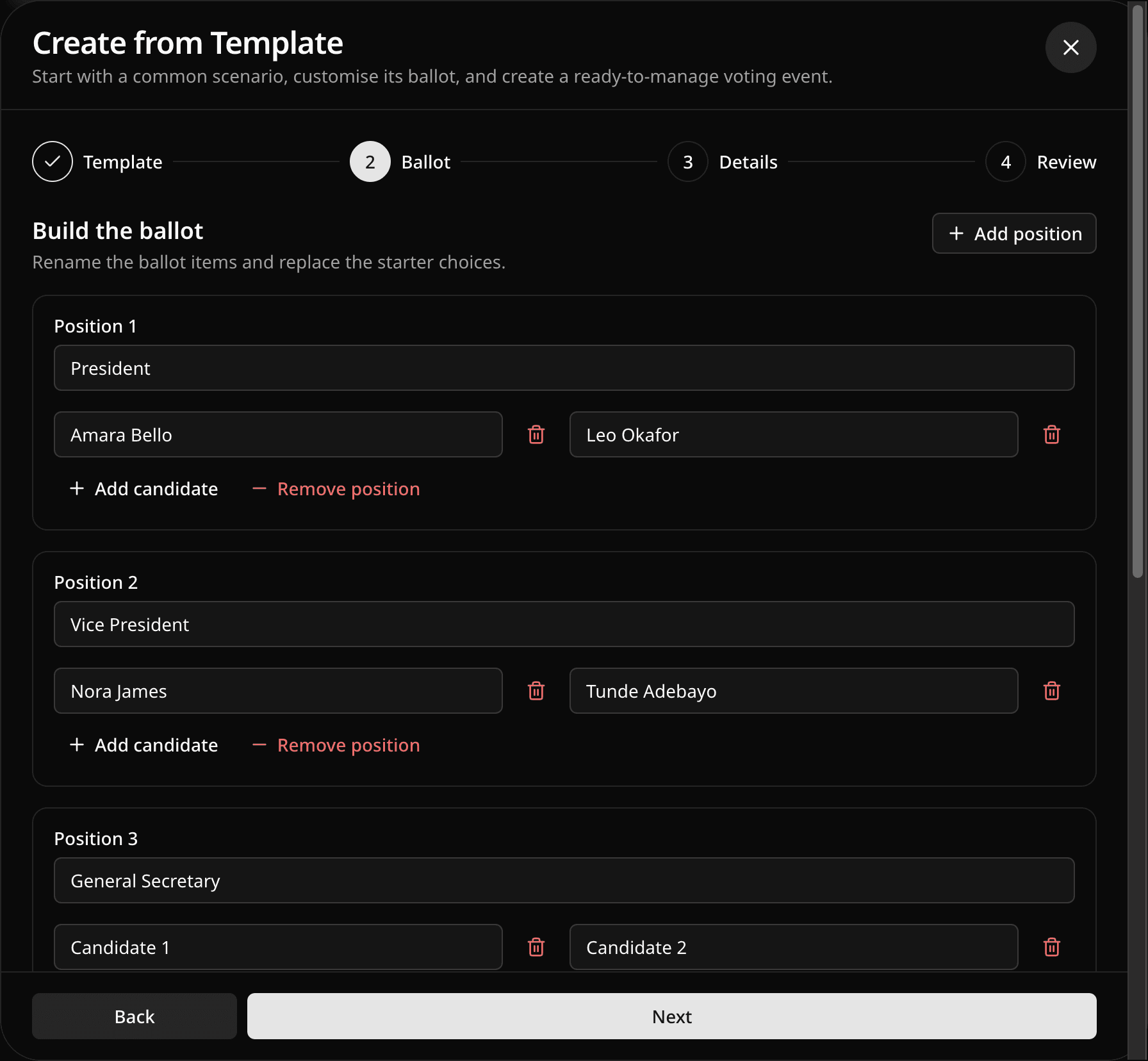Ballot step of a template with positions and candidate names