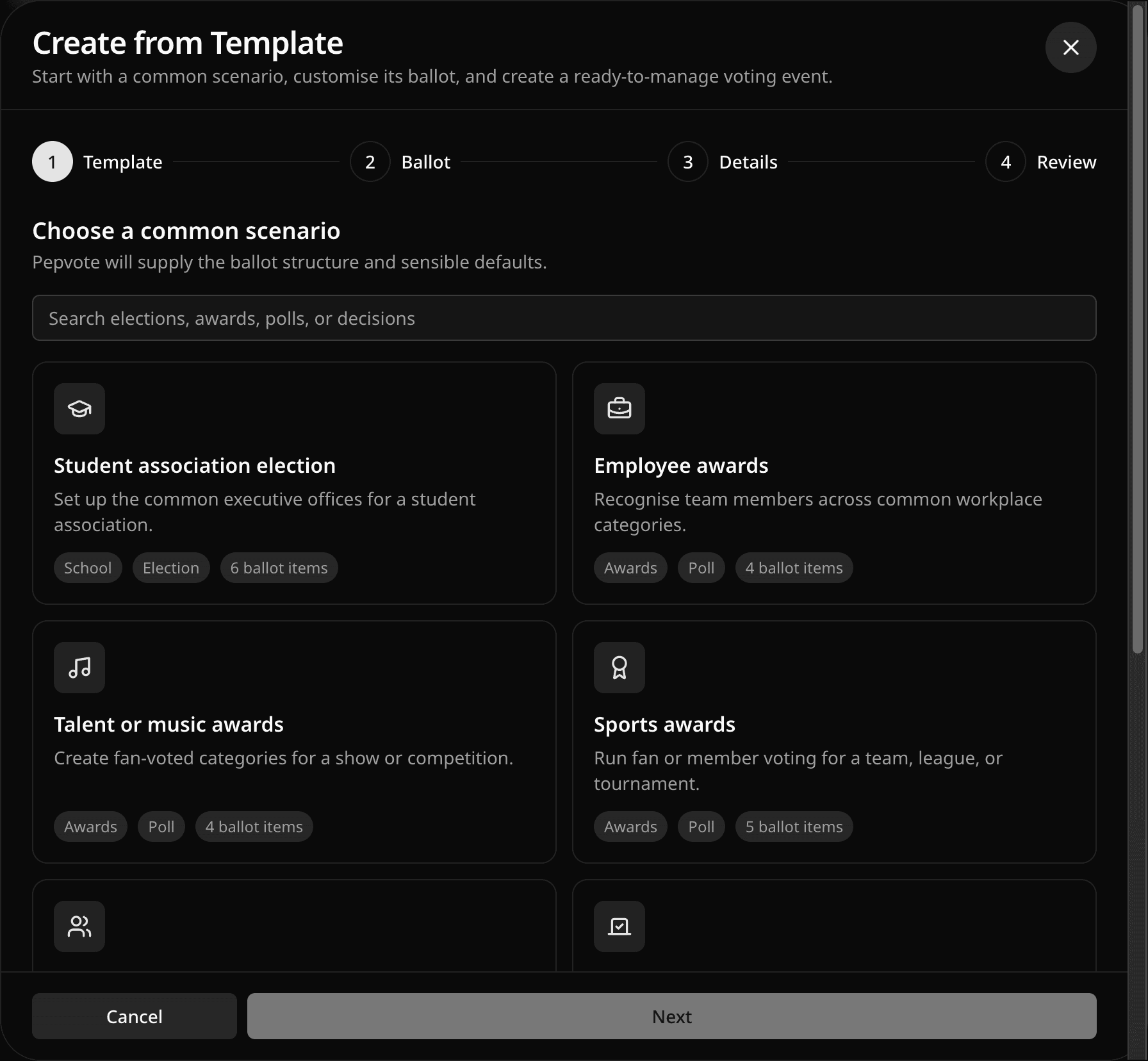 Create from Template sheet with common election, award, and poll scenarios