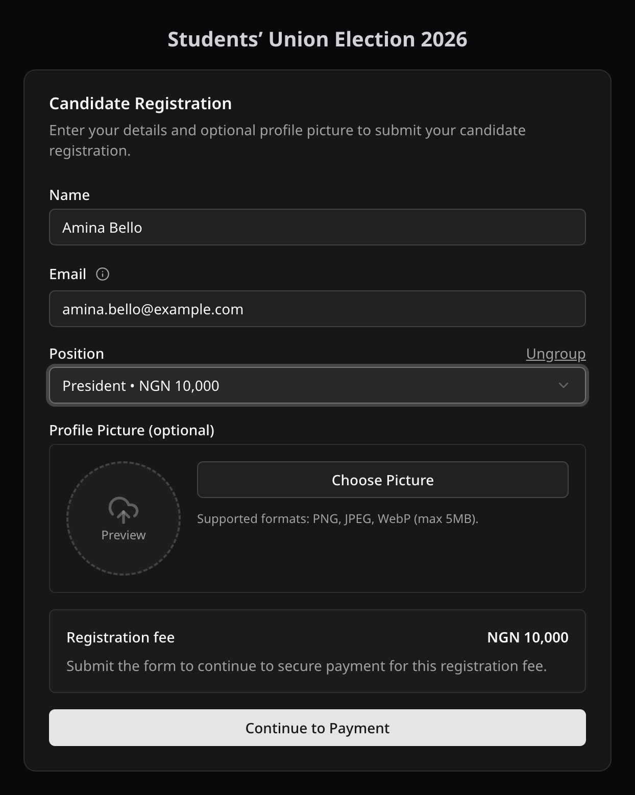 Candidate Registration form showing the registration fee for the selected position