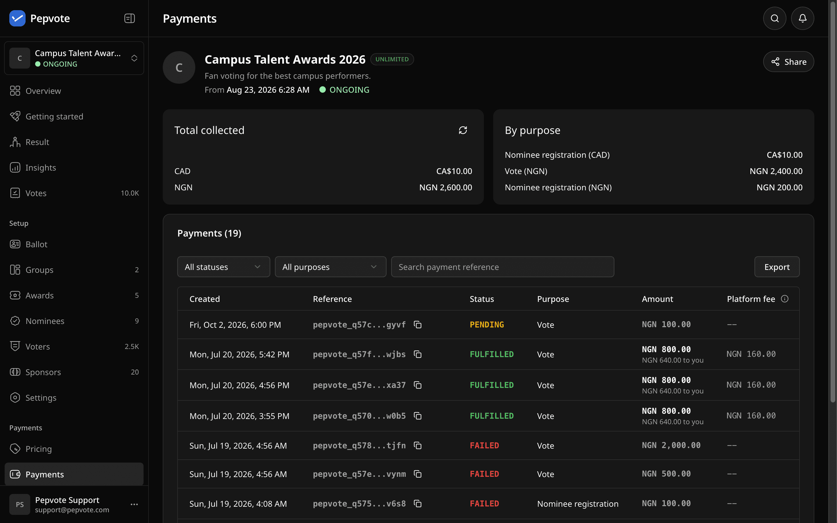 Event Payments page with totals, status and purpose filters, and payment references