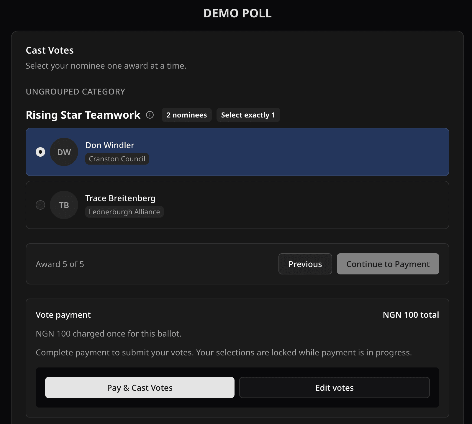 Ballot payment step with the vote payment total and the Pay and Cast Votes button