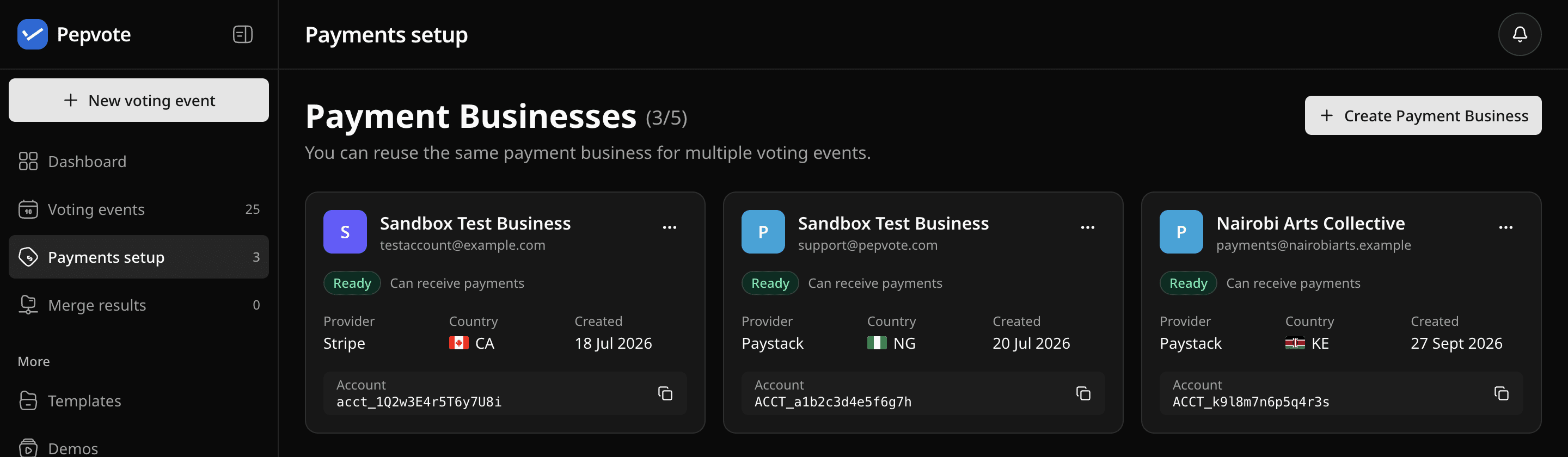 Payment Businesses page with Ready businesses that can receive payments