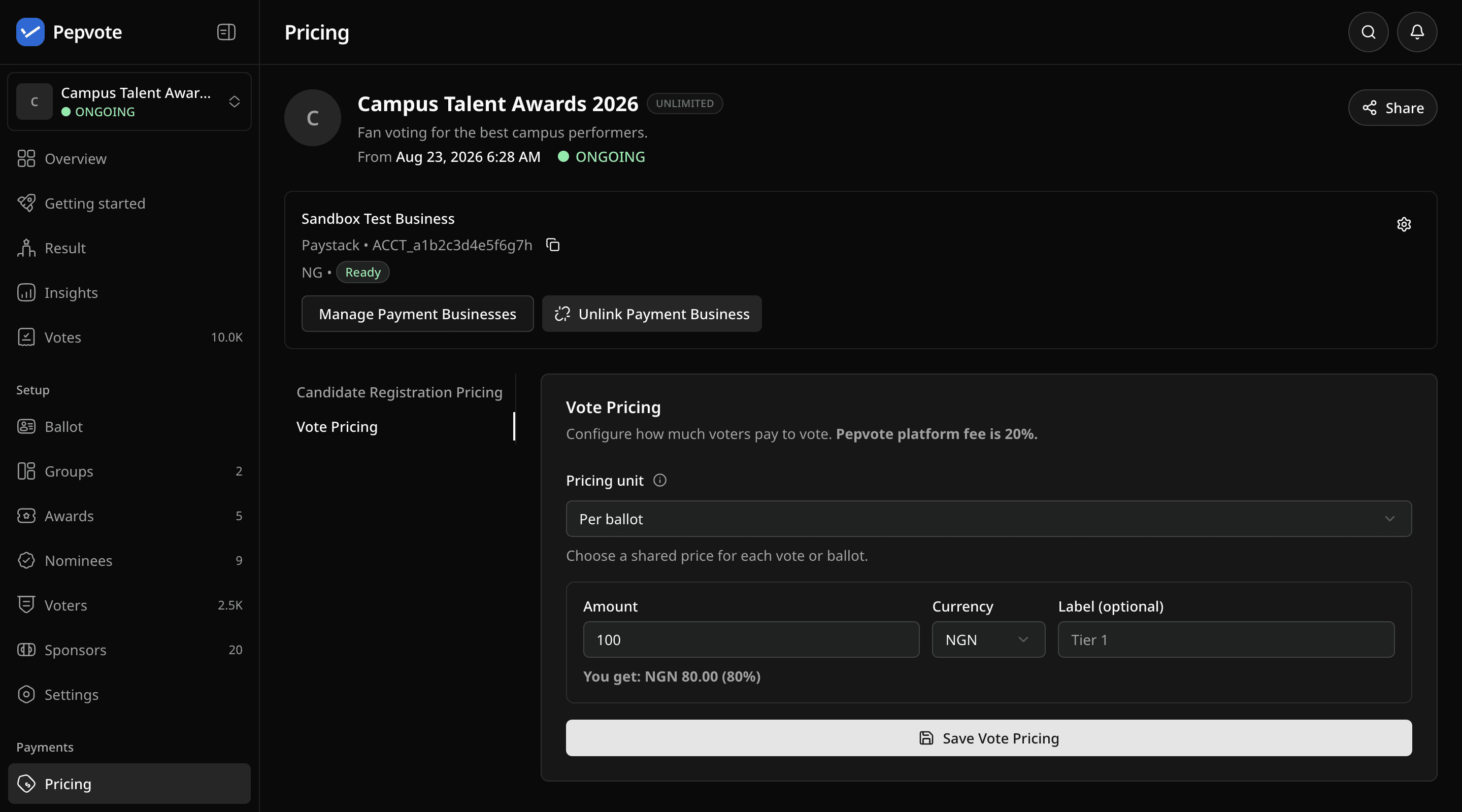 Vote Pricing tab with the pricing unit, amount, and payout preview