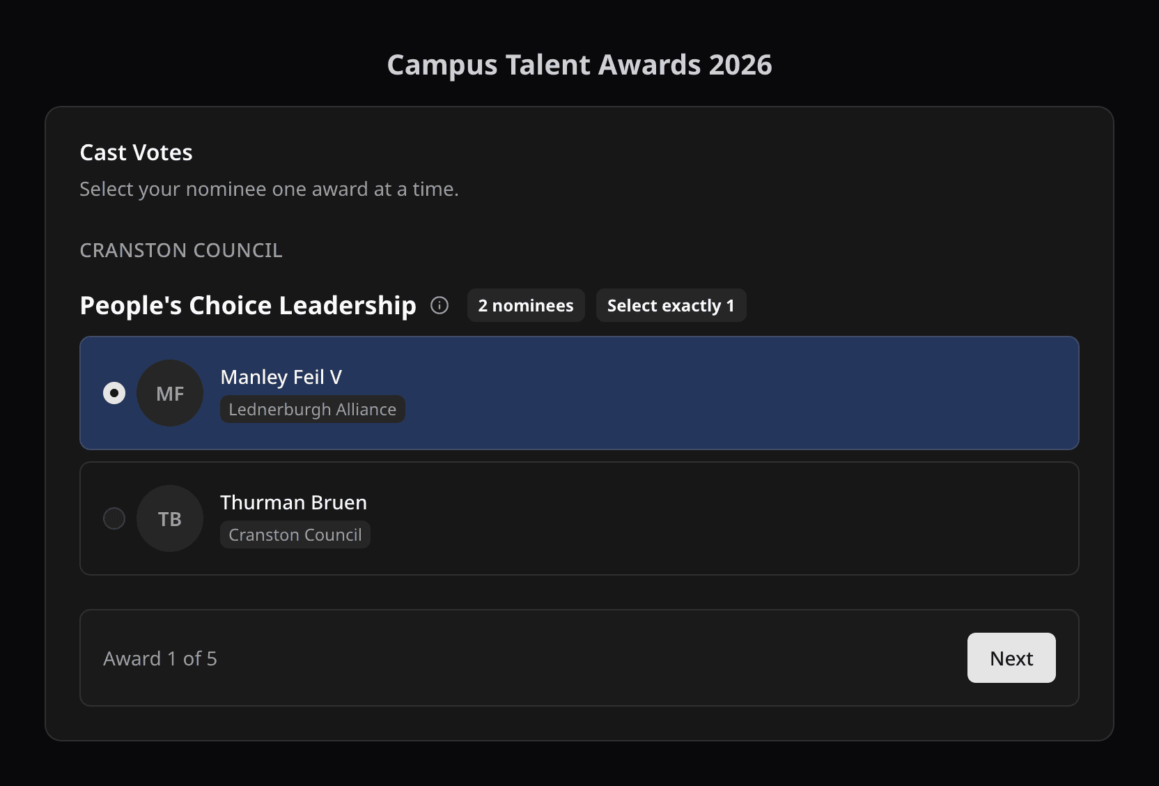 Poll ballot showing one award at a time with a nominee selected