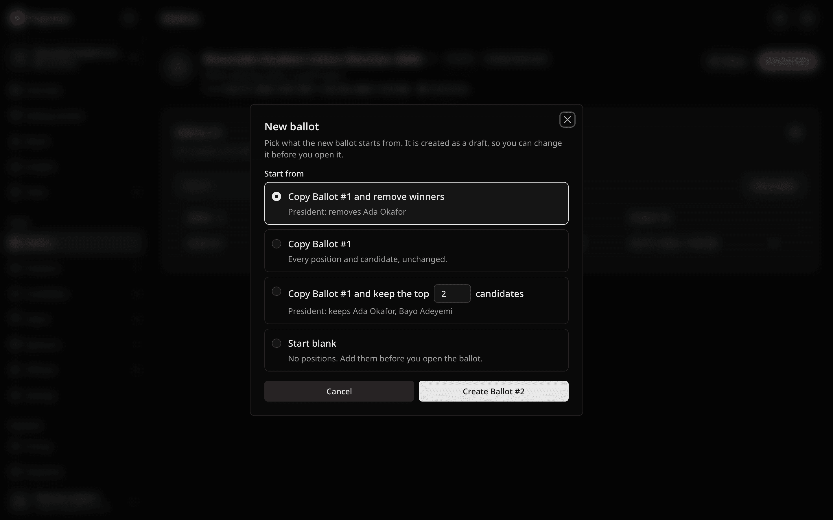 New ballot dialog with Copy Ballot #1 and remove winners selected