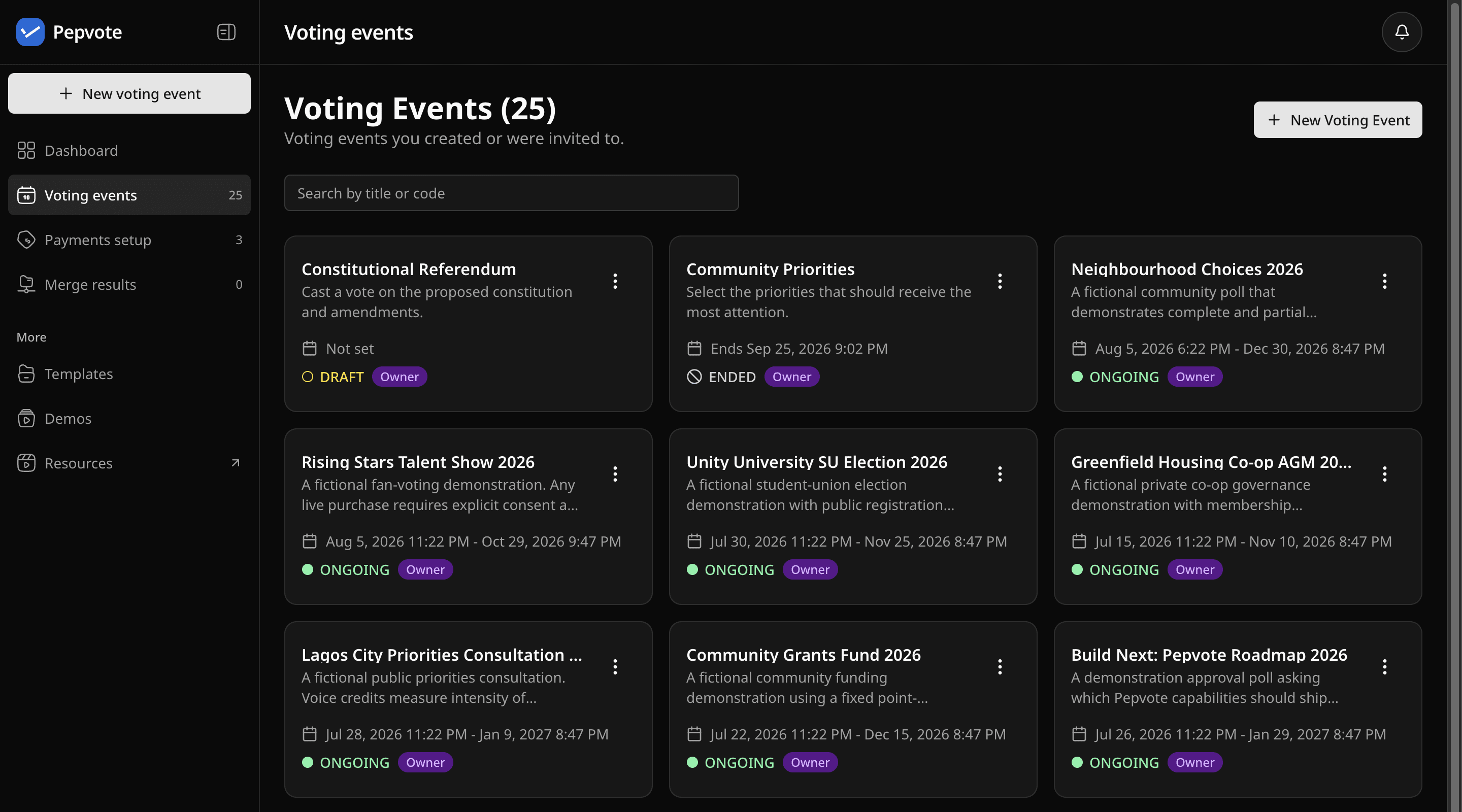 Voting events list showing Draft, Ongoing, and Ended status badges