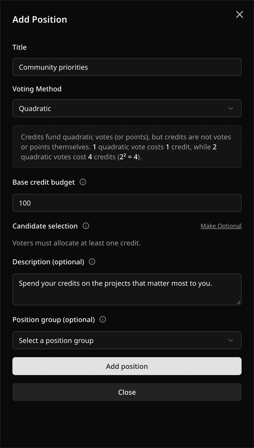 Add Position sheet with Quadratic voting and a base credit budget