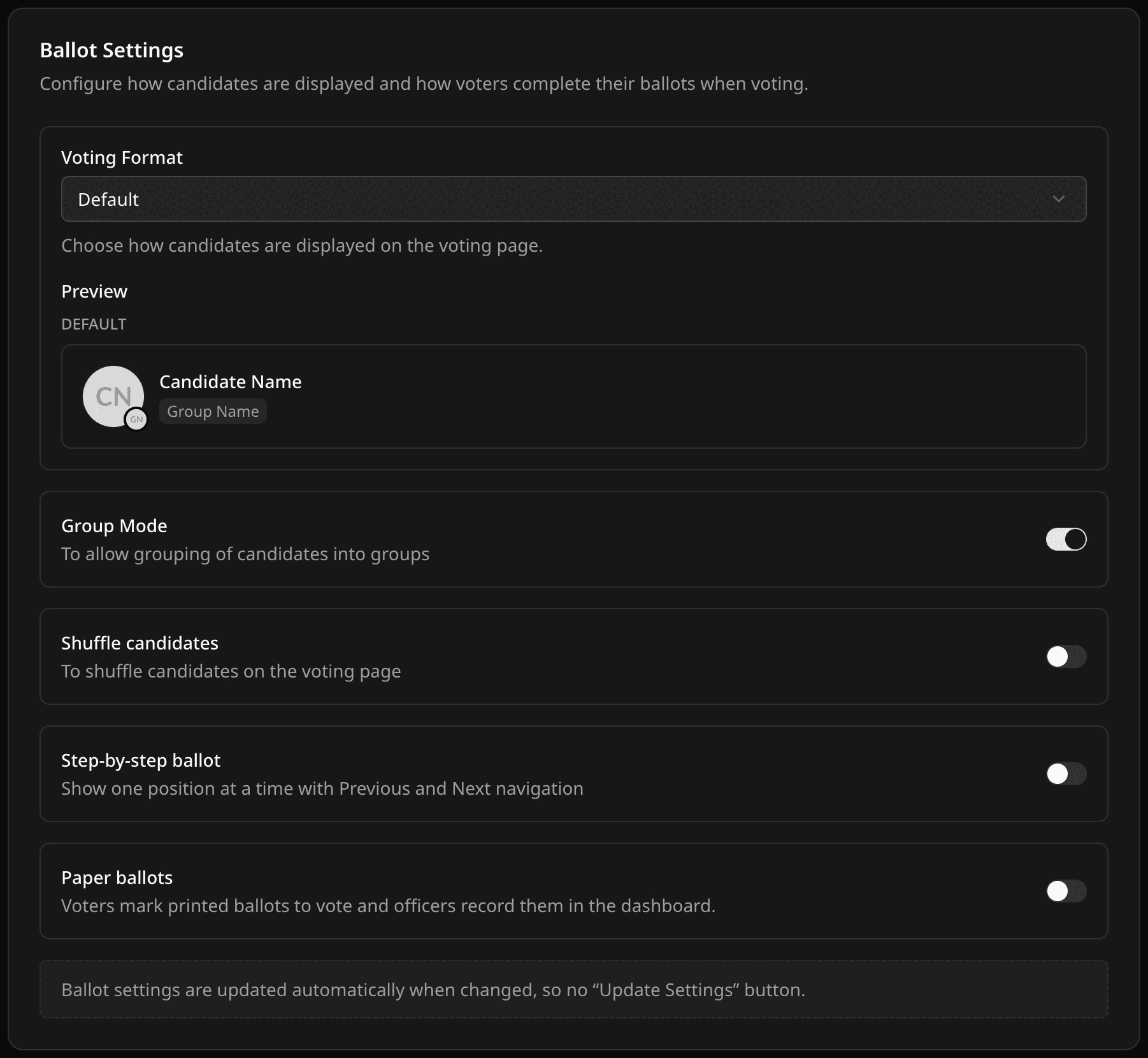 Ballot Settings with the Voting Format picker, preview, and ballot switches
