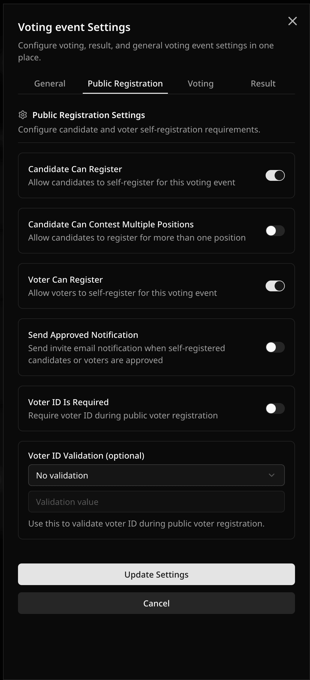 Public Registration settings tab in Voting Event Settings