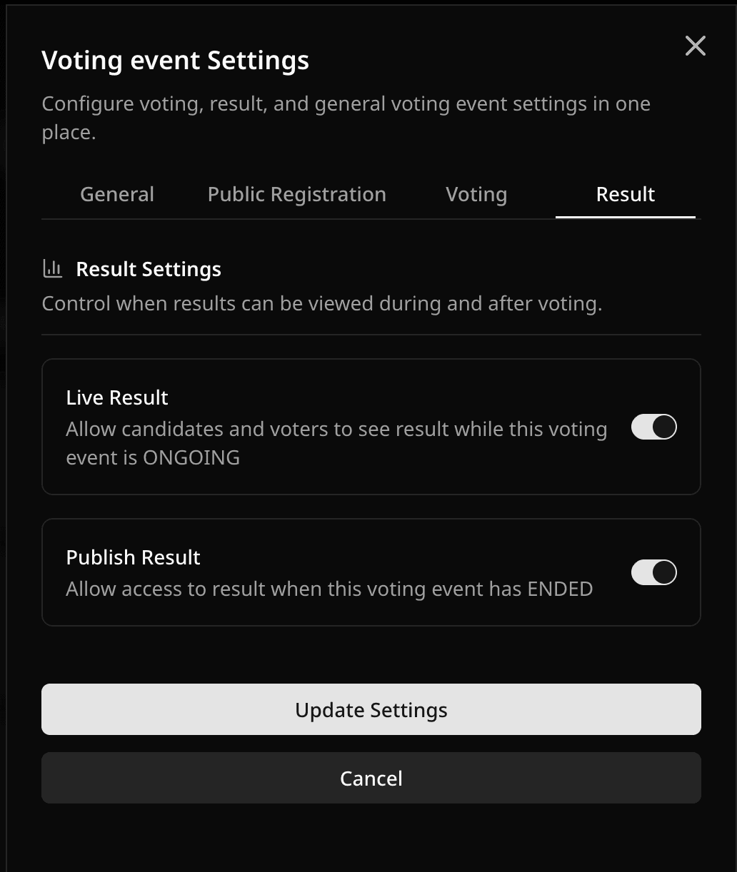 Result settings tab in Voting Event Settings
